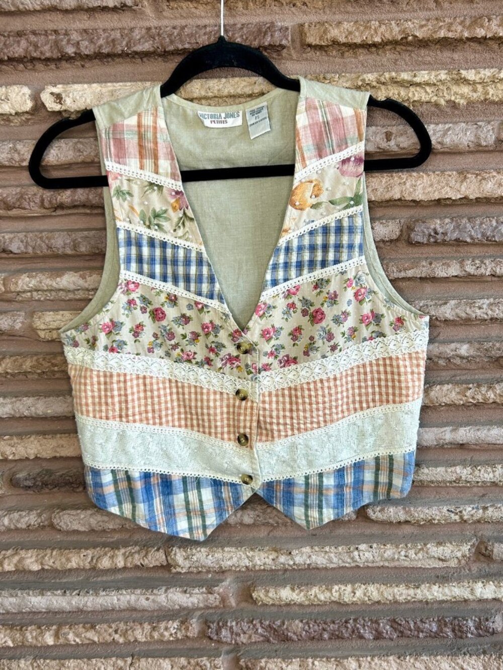 Vintage 90s Vest Patchwork Floral Plaid Check 100% Cotton Victoria Jones - Picture 2 of 10